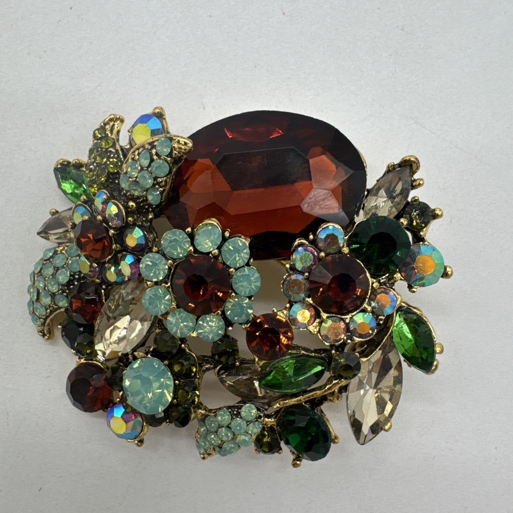 Vintage Fall tones Crystal Rhinestone Brown Aqua GoldTone Brooch &/or Pendant